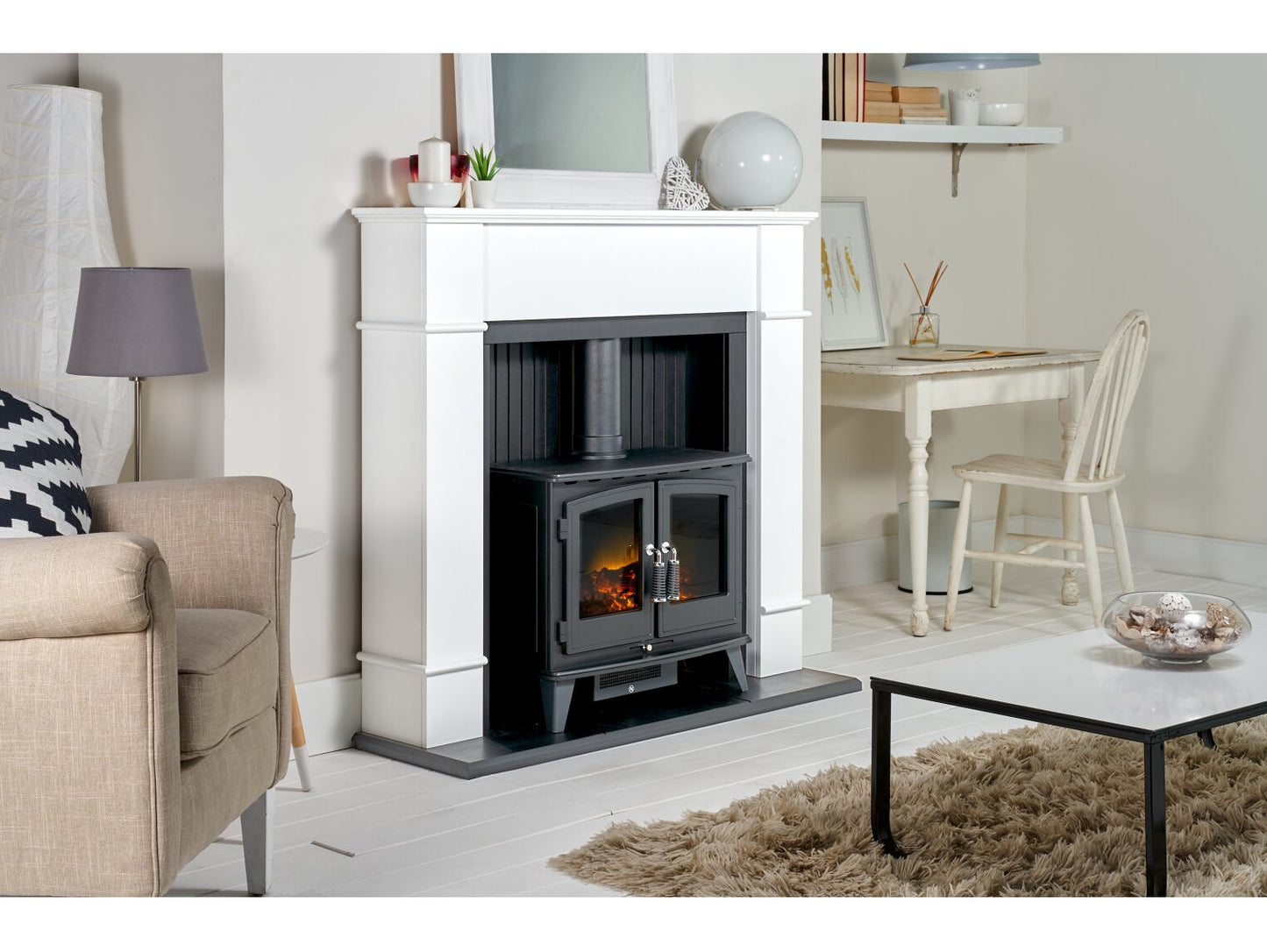 Adam Oxford Stove Fireplace with Woodhouse Electric Stove, 48 Inch 21503 Pure White