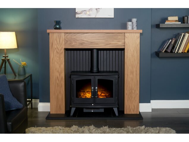 Adam New England Stove Fireplace with Woodhouse Electric Stove 48 Inch 21427 Oak & Black