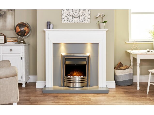 Adam Honley Fireplace in Pure White & Grey with Astralis 6-in-1 Electric Fire 48 Inch Chrome 23877