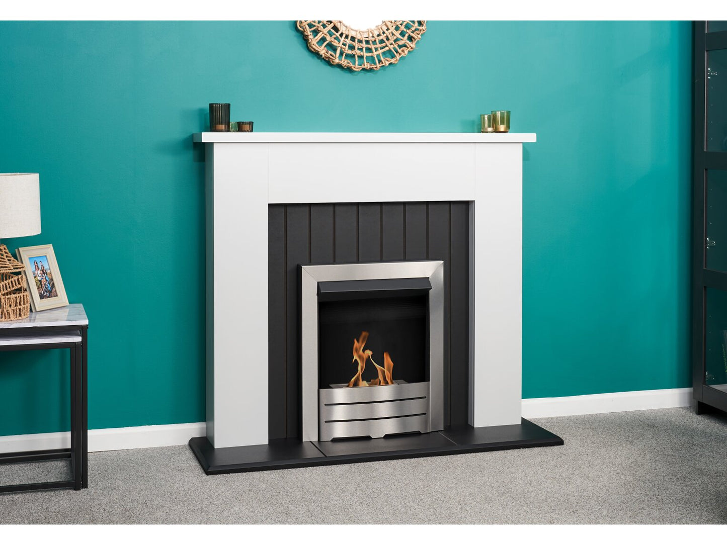 Adam Chessington Fireplace with Colorado Bio Ethanol Fire in Brushed Steel 48 Inch 24512 Pure White & Black