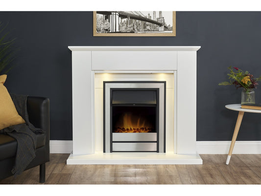 Adam Eltham Fireplace Electric Fire in Brushed Steel, 45 Inch 25334 Pure White with Downlights & Argo