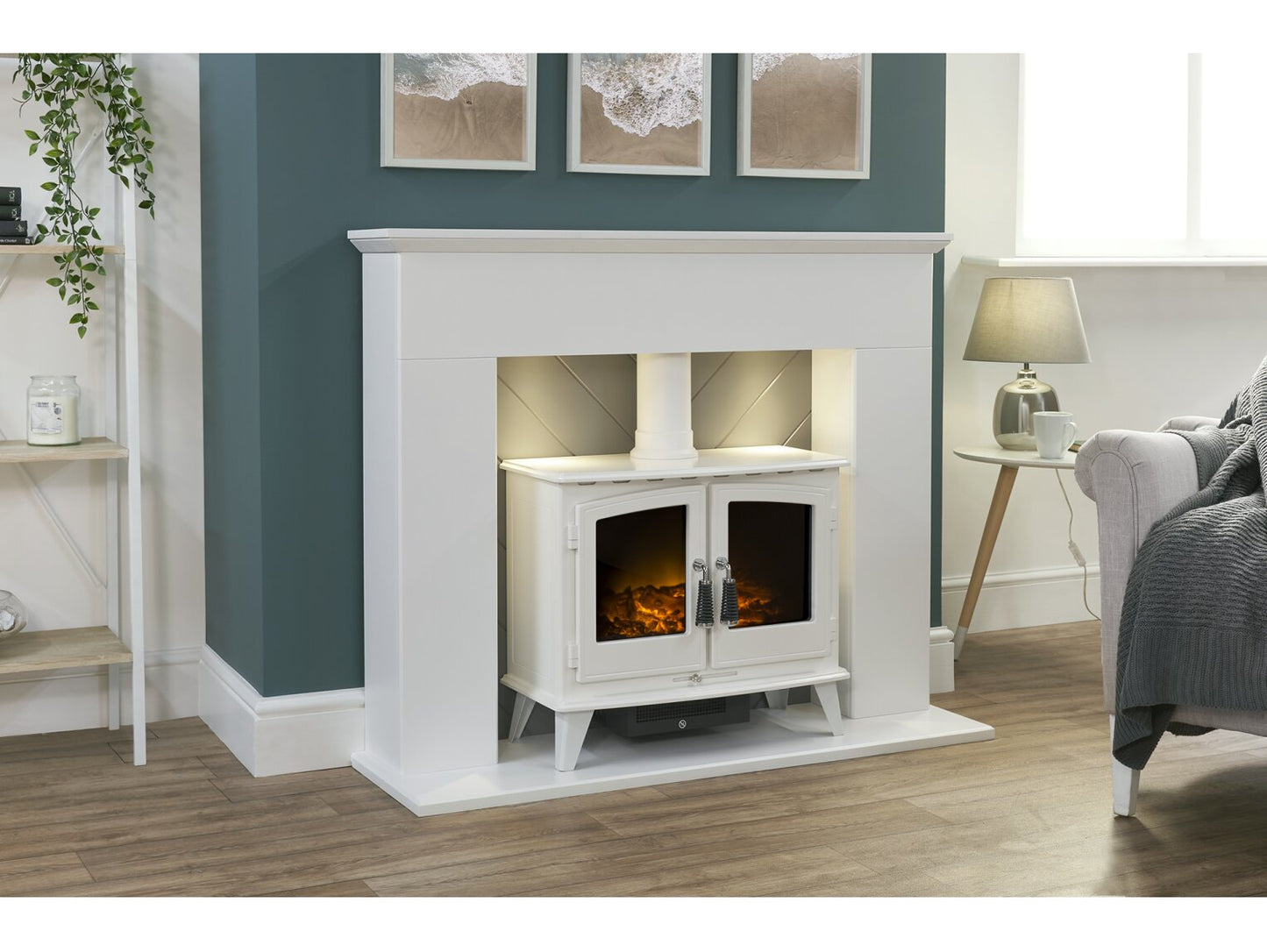 Adam Corinth Stove Fireplace with Downlights & Woodhouse Electric Stove in Pure White, 48 Inch 25447 Pure White & Grey