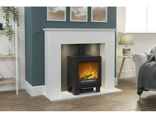 Adam Corinth Stove Fireplace with Downlights & Lunar Electric Stove in Charcoal Grey, 48 Inch 25449 Pure White & Grey