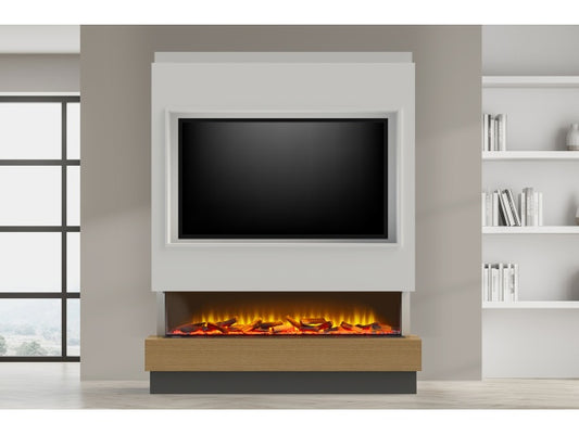 Acantha Matrix Pre-Built Effect Panoramic Media Wall with TV Recess 25863 Pure White & Oak