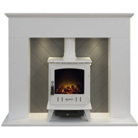 Adam Corinth Stove Fireplace with Downlights & Aviemore Electric Stove in 48 Inch 25450 Pure White & Grey