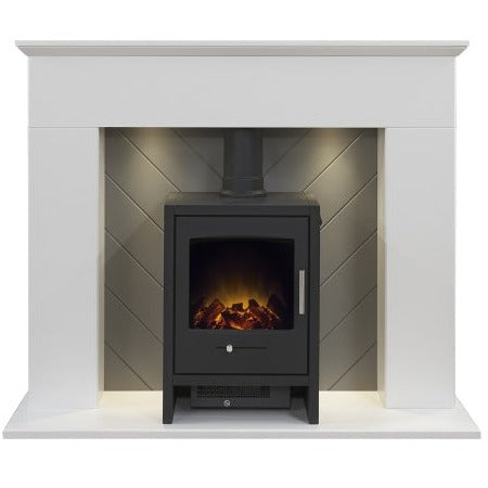 Adam Corinth Stove Fireplace with Downlights & Bergen Electric Stove in Charcoal Grey, 48 Inch 25448 Pure White & Grey