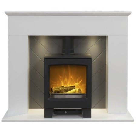 Adam Corinth Stove Fireplace with Downlights & Lunar Electric Stove in Charcoal Grey, 48 Inch 25449 Pure White & Grey