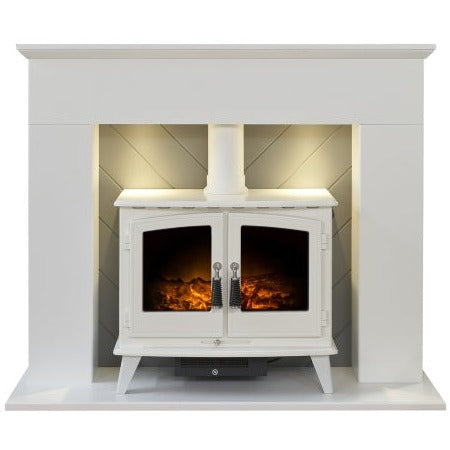 Adam Corinth Stove Fireplace with Downlights & Woodhouse Electric Stove in Pure White, 48 Inch 25447 Pure White & Grey