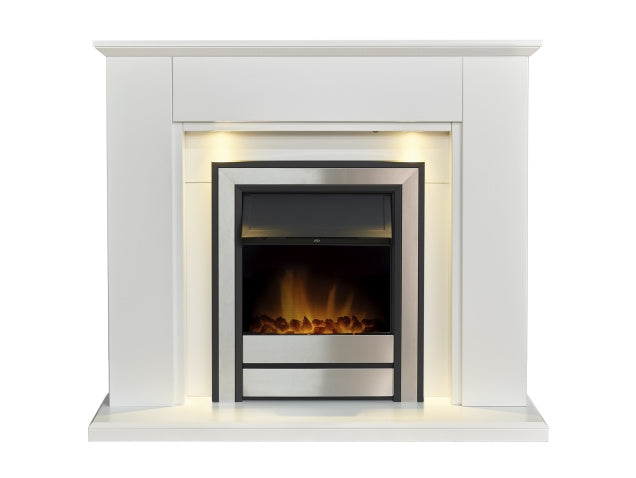 Adam Eltham Fireplace Electric Fire in Brushed Steel, 45 Inch 25334 Pure White with Downlights & Argo