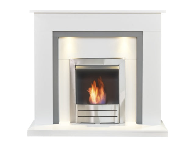 Adam Genoa Fireplace with Downlights & Colorado Bio Ethanol Fire Brushed Steel 24006 Pure White & Grey