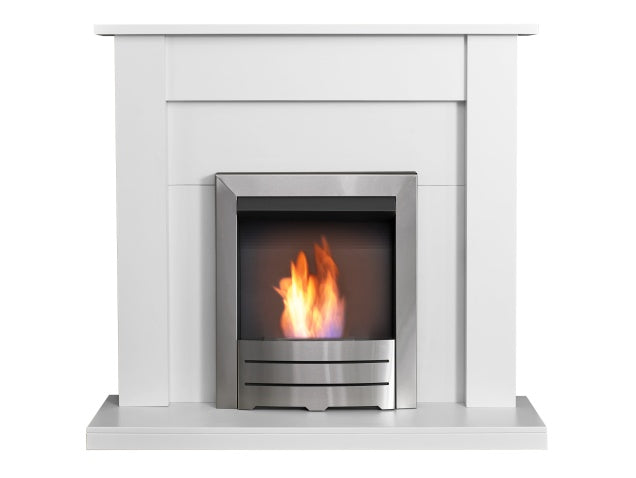 Adam Sutton Fireplace with Colorado Bio Ethanol Fire in Brushed Steel, 43 Inch 24240 Pure White