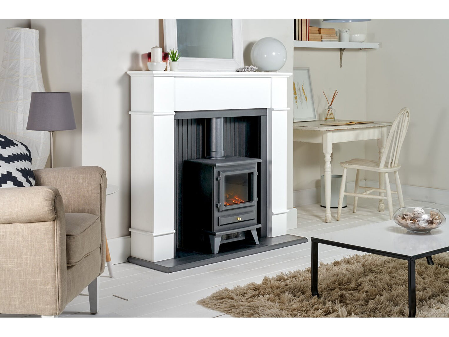 Adam Oxford Stove Fireplace with Hudson Electric Stove 48 Inch 21495 Pure White & Black
