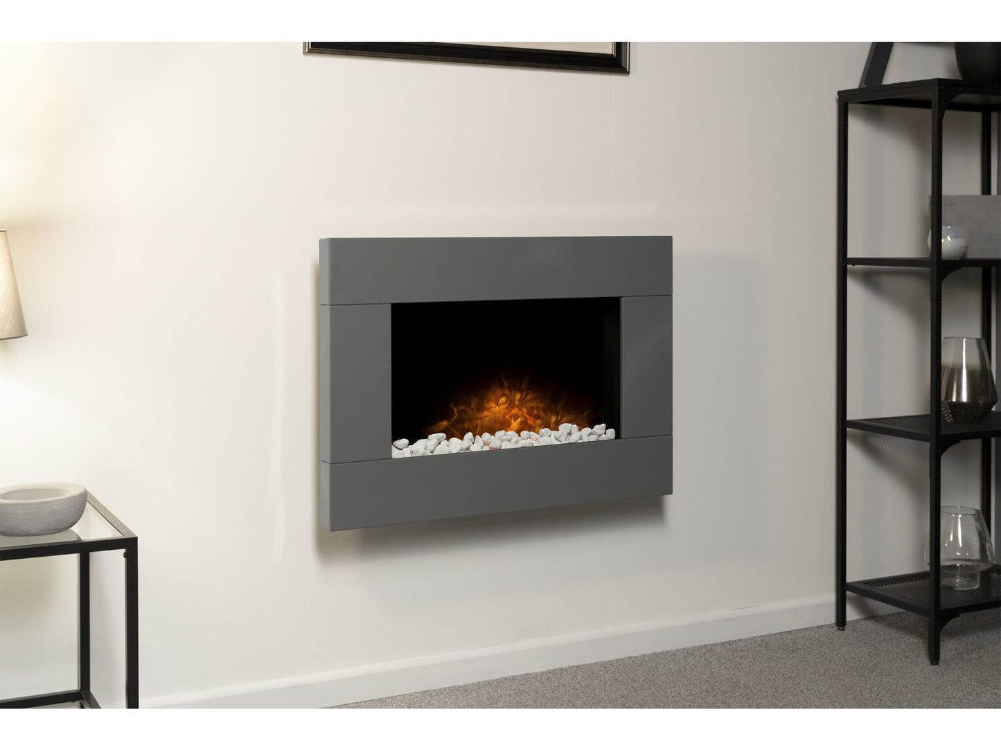 Adam Carina Electric Wall Mounted Fire with Pebbles & Remote Control in 32 Inch 22615 Satin Grey
