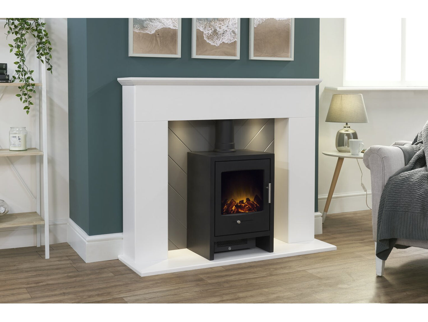 Adam Corinth Stove Fireplace with Downlights & Bergen Electric Stove in Charcoal Grey, 48 Inch 25448 Pure White & Grey