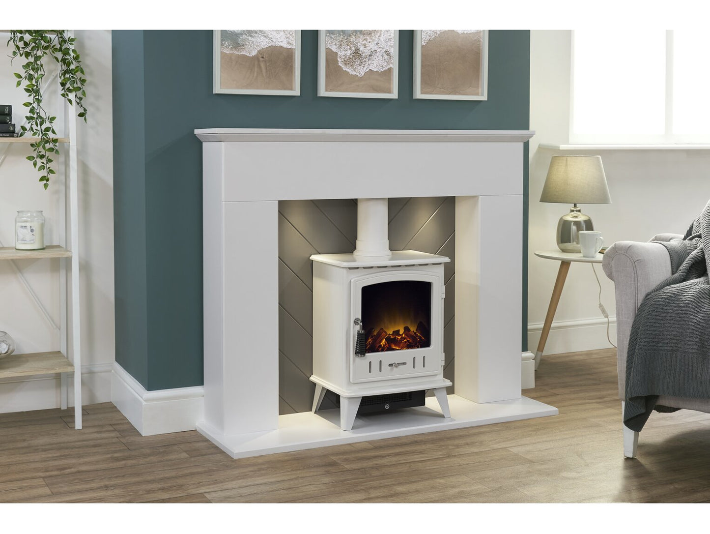 Adam Corinth Stove Fireplace with Downlights & Aviemore Electric Stove in 48 Inch 25450 Pure White & Grey