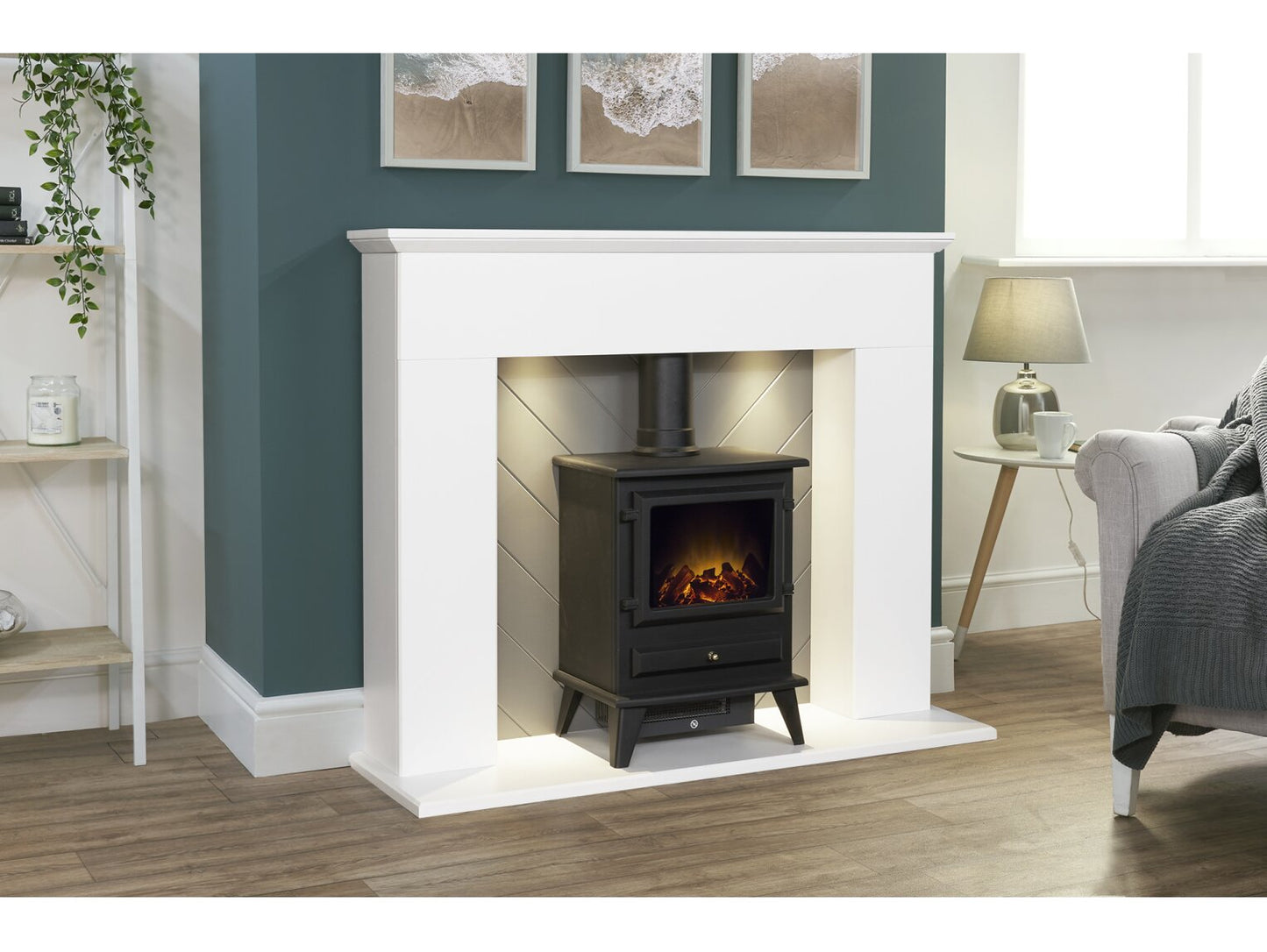 Adam Corinth Stove Fireplace with Downlights & Hudson Electric Stove in Black, 48 Inch 25451 Pure White & Grey