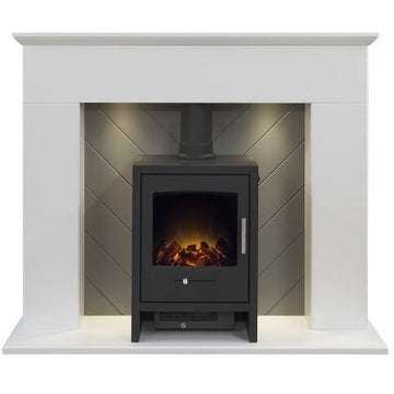 Adam Corinth Stove Fireplace in Pure White u0026 Grey with Downlights u0026 Be –  Radiantfires